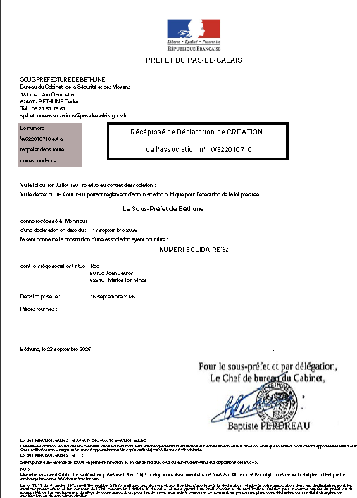Récépissé de déclaration de création de Numéri-Solidaire'62